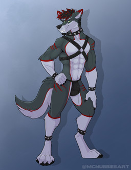 4_toes 5_fingers abs ankle_cuffs anthro arm_markings biceps biped black_claws black_hair black_nose black_pawpads bondage_gear bulge cheek_tuft chest_harness chin_tuft claws clothing collar cuff_(restraint) cuffs_(clothing) detailed_bulge digitigrade dipstick_ears ear_markings facial_hair facial_tuft feet finger_claws fingers fluffy fluffy_tail fur fur_hair gloves_(marking) goatee gradient_background green_eyes grey_background grey_body grey_fur hair hand_on_hip hand_on_leg hand_on_own_leg hand_on_own_thigh hand_on_thigh harness highlights_(coloring) inner_ear_fluff leg_markings looking_at_viewer male markings multicolored_body multicolored_ears multicolored_fur muscular muscular_anthro muscular_male narrowed_eyes navel pawpads paws pecs pivoted_ears pose red_highlights red_markings restraints simple_background smile snout socks_(marking) solo spiked_collar spikes standing studded_ankleband studded_harness studded_wrist_cuffs studs tail teeth text thigh_markings tight_underwear toe_claws toes toothy_smile tuft two_tone_body two_tone_fur underwear wrist_cuffs mcnubbies tarik canid canine canis mammal wolf 2019 artist_name hi_res