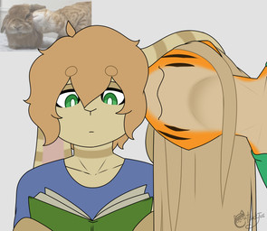 anthro blonde_hair book circle_eyebrows clothing duo eyebrows female floppy_ears fur green_eyes hair long_hair lop_ears lying male multicolored_body multicolored_fur on_side poker_face reading reading_book shirt smile sniffing_hair topwear catsockjus haven_(catsockjus) lily_(catsockjus) felid lagomorph leporid mammal pantherine rabbit tiger absurd_res hi_res reference_image