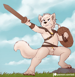 4_fingers 4_toes angry animal_genitalia anthro arm_wraps balls barefoot biped black_claws black_eyebrows blue_eyes bottomless braided_hair casual_exposure claws clenched_teeth clothed clothing cloud day eyebrows feet fingers fur genitals grass hair harness holding_melee_weapon holding_object holding_shield holding_sword holding_weapon male melee_weapon navel outside penis penis_tip pink_penis plant sheath shield shota shoulder_guards sky solo standing step_pose sword tail teeth text toe_claws toes weapon white_balls white_body white_fur white_hair white_sheath white_tail wraps yellow_body yellow_fur young young_anthro young_male iztli canid canine canis mammal wolf 2020 digital_media_(artwork) english_text hi_res shaded url