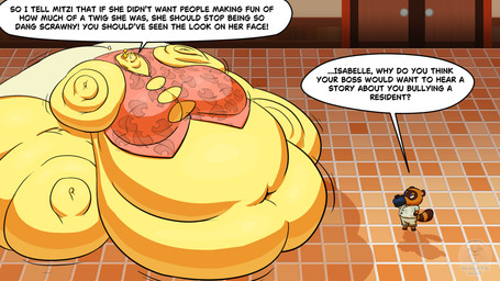 angry anthro belly belly_overhang big_belly big_breasts big_butt blobby blue_eyes blush bottomwear breasts brown_body brown_fur butt cleavage clothed clothing container cup deep_navel door drinking female fur furgonomics holding_object huge_belly huge_breasts huge_butt hyper hyper_belly hyper_breasts hyper_butt inside male morbidly_obese morbidly_obese_anthro morbidly_obese_female mug navel obese obese_anthro obese_female overweight overweight_anthro overweight_female shirt shorts sitting skirt solo standing tail tail_through_skirt text topwear yellow_body yellow_fur glwuffie animal_crossing nintendo isabelle_(animal_crossing) tom_nook_(animal_crossing) canid canine canis domestic_dog mammal procyonid raccoon toy_dog 16:9 2025 english_text hi_res shaded widescreen