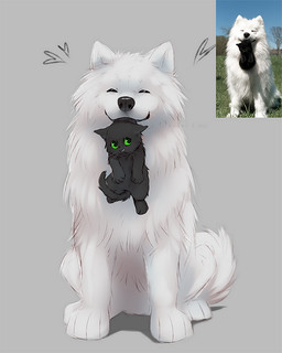 ambiguous_gender black_body black_fur black_nose duo eyes_closed feral front_view fur green_eyes grey_background happy heart_symbol holding_another holding_in_mouth looking_at_another monotone_body monotone_fur simple_background sitting size_difference smile tail whiskers white_body white_fur white_whiskers young azzai canid canine canis domestic_cat domestic_dog felid feline felis mammal nordic_sled_dog samoyed spitz 2022 4:5 colored digital_drawing_(artwork) digital_media_(artwork) reference_image shaded