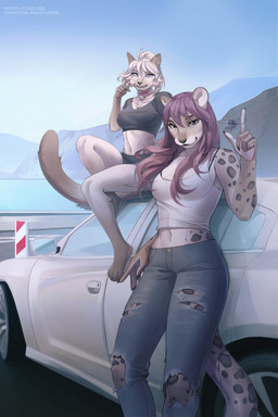 anthro biped bottomwear breasts claws clothed clothed_anthro clothed_female clothing countershade_torso countershading day duo feet female fingers front_view fully_clothed fully_clothed_anthro fully_clothed_female fur hair looking_at_viewer navel outside sitting sky smile spots standing tail teeth toes topwear plgdd unknowhiter dodge_(brand) dodge_charger domestic_cat felid feline felis mammal 2026 digital_drawing_(artwork) digital_media_(artwork) hi_res