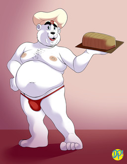 anthro belly black_nose bread bulge chef_hat clothing food fur hat headgear headwear male moobs mostly_nude nipples overweight overweight_anthro overweight_male solo text text_on_clothing text_on_headwear underwear white_body white_fur dirty-palms bimbo_(bakery) bimbo_bread bimbo_bear bear mammal polar_bear ursine 2020 hi_res
