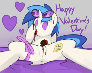 anus blue_hair candy chocolate dessert exclamation_point eyewear female feral food fruit genitals glasses hair heart_symbol holidays horn looking_at_viewer messy note open_mouth plant presenting purple_eyes ribbons solo spread_legs spreading strawberry tail text tongue tongue_out vulva whoop friendship_is_magic hasbro my_little_pony mythology vinyl_scratch_(mlp) equid equine mammal mythological_creature mythological_equine unicorn digital_media_(artwork) english_text