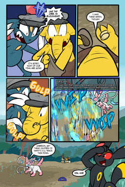 5_panel_comic accessory ambiguous_gender anthro attack bag biped black_body black_cape black_clothing black_eyes black_nose black_text blue_eyes blue_text bow_ribbon brown_body brown_eyes brown_hair cape chest_gem claws clothing day dialogue dot_eyes dot_pupils exclamation_point eye_patch eyebrows eyewear feral finger_claws first_person_view fluffy fluffy_tail forehead_gem forest fur gem grass group hair hat headgear headwear holding_bag looking_at_another looking_back markings motion_lines neck_tuft one_eye_closed one_eye_obstructed open_mouth open_smile outside page_number paws pink_body pink_fur pink_tail plant pupils purple_scarf quadruped red_eyes red_tail scarf seed sharp_teeth simple_eyes sky smile sound_effects speech_bubble standing sunglasses tail talking_to_another teeth teleportation text text_box tongue toony tree tuft tusks white_body white_pupils white_sclera white_text wounded yellow_body yellow_gem yellow_markings virmir nintendo pokemon pokemon_mystery_dungeon spike_chunsoft virmir_(character) zinc_(zincxiron) axew drowzee eevee eeveelution generation_1_pokemon generation_2_pokemon generation_5_pokemon generation_6_pokemon pokemon_(species) sneasel sylveon umbreon 2025 2:3 absurd_res comic english_text hi_res signature