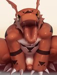 3:4 amber_eyes anthro bandai_namco big_penis big_tongue black_markings bodily_fluids claws crouching digimon digimon_(species) drooling erection genitals glans glistening glistening_body glistening_skin guilmon hands_on_ground head_tilt hi_res humanoid_genitalia humanoid_penis katabreak looking_at_viewer male markings mouth_shot muscular muscular_male open_mouth penis presenting_mouth red_body red_skin saliva slightly_chubby smile solo tongue tongue_out white_body white_skin
