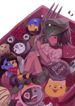 asymmetrical_hair bangs black_eyes black_hair blue_body blunt_bangs bob_cut bottomwear box_of_chocolates candy chibi chocolate clothed clothing cookie cutlery dessert duo female floating_head flower food fork hair hat headgear headwear kitchen_utensils micro multicolored_body not_furry plant red_body rose_(flower) shirt smile tools topwear two_tone_body white_body white_skin yellow_body usagimarumei ena:_dream_bbq ena_(series) ena_(dream_bbq) ena_(joel_g) froggy_(ena) hourglass_dog_(ena) moony_(ena) taski_maiden_(ena) canid canine canis ena_(species) humanoid mammal digital_media_(artwork) hi_res