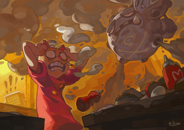 anthro being_watched burger cigarette clothing despair duo_focus fangs food furniture group hat headgear headwear inside ketchup_bottle kitchen looking_at_another machine male open_mouth pokeball smoke smoking table teeth trio niking nintendo pokemon undertale undertale_(series) burgerpants mettaton felid feline generation_1_pokemon mammal pokemon_(species) robot weezing crossover signature