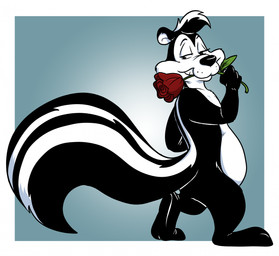 anthro bedroom_eyes belly black_body black_fur flower flower_in_mouth fur geometric_background grin half-closed_eyes looking_at_viewer looking_back male markings narrowed_eyes plant plantigrade rose_(flower) rose_in_mouth seductive simple_background slightly_chubby smile solo striped_markings striped_tail stripes tail tail_markings white_body white_fur jaymzeecat looney_tunes warner_brothers pepe_le_pew mammal mephitid skunk 2025 hi_res