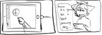 anthro dialogue drawing holding_object holding_pen male pen solo tablet_computer text freckledcoat apple_inc. ipad domestic_cat felid feline felis mammal 2022 black_and_white comic english_text hi_res monochrome sketch