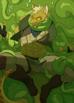 5_fingers abs anthro biceps biped bite boots bottomwear clothed clothing crop_top fangs fingerless_gloves fingers footwear forced gloves green_body green_skin handwear humanoid_hands inner_ear_fluff kerchief male muscular muscular_anthro muscular_male neckerchief neckwear open_bottomwear open_clothing open_pants open_topwear open_vest pants plantigrade rape rattle_(anatomy) restrained sex shirt shoes solo submissive submissive_male teeth tentacle_rape tentacle_sex tentacles tongue tongue_out topwear tuft vest pawsmasher fallout microsoft canid canine canis coyote hybrid mammal night_stalker_(fallout) pit_viper rattlesnake reptile scalie snake viper green_theme hi_res