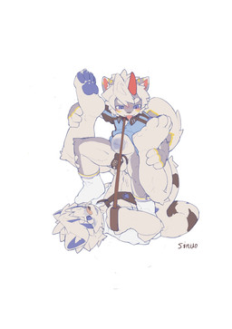 1_horn 4_toes abdominal_bulge anal anal_penetration anthro band-aid band-aid_on_face band-aid_on_nose bandage bandage_on_face bandage_on_nose blue_clothing blue_shirt blue_topwear blush bodily_fluids bottomless chastity_cage chastity_device clothed clothing cum cum_drip dripping duo feet foot_fetish foot_sniffing footwear genital_fluids hair half-closed_eyes horn legs_grab lying male male/male narrowed_eyes necktie open_clothing open_shirt open_topwear penetration penile penile_penetration penis_in_ass purple_eyes shirt simple_background sniffing socks standing t-shirt three-quarter_view toes tongue tongue_out topwear upside_down white_background white_body white_clothing white_footwear white_hair white_shirt white_socks white_topwear senuo canid mammal hi_res signature