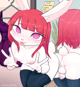 anthro anus background_text backsack balls bangs bodily_fluids breasts clothing double_v_sign dress footwear foreskin fur genital_fluids genitals gesture gynomorph hair hand_gesture hunched_over intersex leaking_precum legwear long_hair looking_at_viewer medium_breasts mirror nipples penis penis_backwards pink_anus pink_eyes pink_nipples pink_nose pink_penis pose post-it_note precum red_hair reflection short_tail socks solo tail text thigh_highs thigh_socks tongue tongue_out v_sign white_body white_fur kyogummi lagomorph leporid mammal rabbit absurd_res colored english_text hi_res shaded