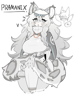 anthro big_breasts breasts clothed clothed_female clothing duo female female_focus fluffy fluffy_tail fur grey_body grey_fur hair holding_tail jewelry necklace simple_background tail white_background white_hair shiyaa_stuff arknights hypergryph studio_montagne pramanix_(arknights) felid mammal pantherine snow_leopard absurd_res hi_res