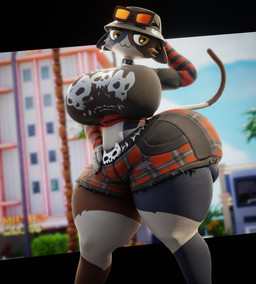 :3 anthro big_breasts big_butt blurred_background bottomwear breasts building butt cheek_tuft clothing cloud collar ear_piercing ears_down eyelashes eyeshadow eyewear facial_hair facial_tuft female female_anthro fur hand_behind_head hand_on_hip huge_breasts huge_butt huge_hips hyper hyper_butt makeup midriff multicolored_body multicolored_fur nails orange_body orange_fur outside pattern_clothing piercing pivoted_ears plant print_clothing print_shirt print_t-shirt print_topwear purple_body purple_fur sharp_nails shirt shorts sideburns sky small_waist solo spiked_collar spikes striped_clothing striped_sleeves stripes sunglasses t-shirt tail thick_thighs topwear tree tuft white_body white_fur wide_hips yellow_eyes ctgiantess epic_games fortnite meow_skulls calico_cat domestic_cat felid feline felis mammal 2026 3d_(artwork) absurd_res digital_media_(artwork) hi_res