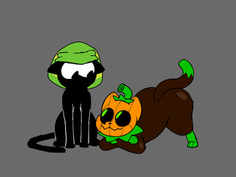alternate_species ass_up beanie black_body black_eyes black_fur black_nose black_sclera black_tail butt clothing dipstick_tail duo ears_down feral food for_a_head fruit fur green_beanie green_body green_clothing green_eyes green_fur green_hat green_headwear green_tail_tip grey_background hat headgear headwear looking_at_another lying male markings on_elbow on_front orange_head pivoted_ears plant pumpkin pumpkin_head simple_background sitting smile tail tail_markings white_sclera kasa_beanie kasabeanie_(kasa_beanie) pumkat domestic_cat elemental_creature felid feline felis flora_fauna food_creature living_fruit mammal object_head shadow_creature 2023 4:3