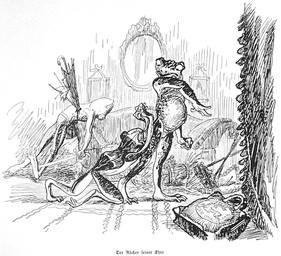 after_fight ambiguous_gender anthro begging death end_table fist furniture group holding_melee_weapon holding_object holding_sword holding_weapon inside kneeling looking_at_another melee_weapon mirror sofa stab standing suitcase sword trio umbrella weapon heinrich_kley amphibian frog 1910 20th_century ancient_art black_and_white monochrome