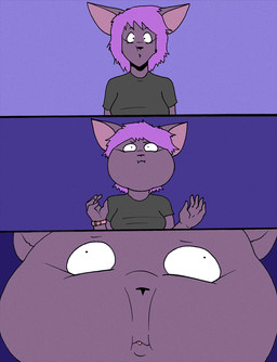anthro black_nose breasts clothing eyelashes female hair head_expansion head_inflation humanoid_hands purple_hair shirt short_hair solo t-shirt thin_eyebrows topwear cleverfoxman ambiguous_species 2017 comic hi_res
