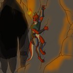 accessory anthro armor bag bottomless casual_exposure cave cavern climbing climbing_wall clothed clothing furgonomics genitals horn humanoid_genitalia humanoid_penis magic magic_user male melee_weapon nude orange_eyes penis red_body red_scale red_scales scales solo sword tail tail_accessory tail_bag weapon fyreblazes zaw_(fyreblazes) kobold scalie 1:1 hi_res