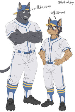 anthro arm_scar baseball_cap baseball_uniform belt black_body black_clothing black_footwear black_fur black_shoes blue_baseball_cap bodily_fluids bottomwear claws clothed clothed_anthro clothed_male clothing crossed_arms duo facial_scar footwear fur green_eyes hand_on_hip hat headgear headwear height_comparison kemono larger_anthro larger_male looking_at_another male male_anthro scar shoes simple_background size_difference smaller_anthro smaller_male sportswear standing sweat tail text topwear uniform white_background white_bottomwear white_clothing white_topwear leeksaltboy ken_(leeksaltboy) xiaozhuang_(leeksaltboy) canid canine mammal 2026 artist_name digital_media_(artwork) hi_res