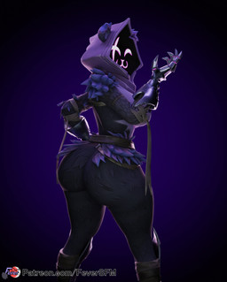 5_fingers anthro breasts butt claws clothing eye_scar facial_scar female female_anthro fingers gloves handwear purple_body purple_hood scar solo text feversfm epic_games fortnite raven_team_leader bear mammal 2023 3d_(artwork) digital_media_(artwork) hi_res url
