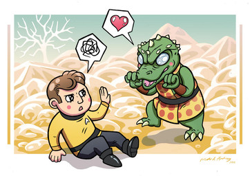 blush blush_stickers boots clothing duo fangs footwear male shoes starfleet_uniform teeth pimienta star_trek star_trek_the_original_series james_t._kirk gorn_(species) human mammal