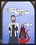 breasts clothed clothing cross cutout doorway duo ear_piercing eyelashes eyes_closed female frown hair jewelry looking_at_viewer male navel navel_cutout necklace not_furry nun nun_outfit piercing priest red_body red_skin side_by_side size_difference smile text thought_bubble da3rd demon human humanoid mammal absurd_res comic digital_media_(artwork) english_text hi_res