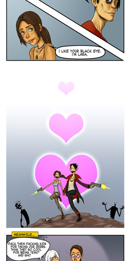alcohol beverage blood bodily_fluids bruised bruised_eye clothing coat drunk dual_wielding duo_focus female food group gun handgun heart_symbol holding_gun holding_handgun holding_object holding_pistol holding_ranged_weapon holding_weapon ice_axe jewelry love male necklace pistol ranged_weapon shirt skunk_hair substance_intoxication tank_top text the_truth topwear weapon israel_espinoza capcom devil_may_cry tomb_raider dante_(dmc) lara_croft undead zombie 2011 digital_media_(artwork) english_text hi_res