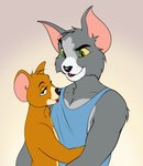 anthro anthro_on_anthro black_nose blep blue_clothing blue_shirt blue_tank_top blue_topwear brown_body brown_fur cheek_tuft clothed clothing duo facial_tuft fur green_eyes grey_body grey_fur hug looking_at_another looking_at_viewer male male/male open_mouth predator/prey red_tongue shirt simple_background smile tank_top teeth tongue tongue_out topless topwear tuft whiskers white_body white_fur yellow_sclera smileeeeeee metro-goldwyn-mayer tom_and_jerry jerry_mouse thomas_cat domestic_cat felid feline felis mammal mouse murid murine rodent 2021 absurd_res digital_media_(artwork) hi_res