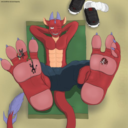 3_toes 4_toes abs anthro barefoot black_body black_clothing blood blue_bottomwear blue_clothing bodily_fluids bottomwear claws clothed clothing countershading denim extreme_size_difference feet foot_fetish foot_focus foot_play footwear gore group hands_behind_head high-angle_view horn larger_male legwear looking_at_viewer lying macro male micro multicolored_body on_back one_eye_closed pants pawpads paws plantigrade purple_body purple_horn red_body red_eyes red_scales red_skin sand scales sharp_teeth shoes size_difference smile socks soles solo_focus tail tan_body teeth text toe_claws toes topless towel white_clothing doggydog european_mythology mythology ahastar cirez evil-sprite_imp_(character) teren dragon mammal mythological_creature mythological_scalie reptile scalie western_dragon 1:1 hi_res url