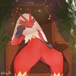 anthro blue_eyes feathers fingers male red_body red_feathers sitting solo yellow_body yellow_feathers dawciday nintendo pokemon avian bird blaziken generation_3_pokemon pokemon_(species) 1:1 hi_res