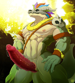 4_fingers animal_genitalia bodily_fluids bone bone_mask fingers genital_fluids genital_slit genitals humanoid_genitalia humanoid_penis humanoid_penis_in_slit male mask nipples non-mammal_nipples penis precum skull skull_mask solo vein veiny_penis koyo_draka terraria witch_doctor_(terraria) lihzahrd reptile scalie absurd_res hi_res