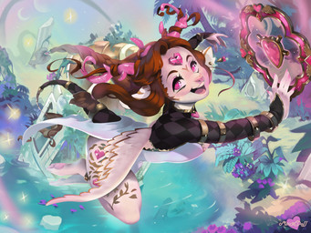 anthro barefoot braided_hair detailed_background ear_piercing feathered_wings feathers feet female forehead_gem gem hair heart_eyes heart_symbol holding_object horn looking_at_viewer moon open_mouth outside pawpads piercing pink_eyes plant smile solo star tail water wings mousedoll felid mammal 2022 4:3 absurd_res digital_media_(artwork) hi_res