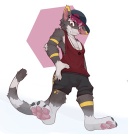 4_toes anthro baseball_cap black_bottomwear black_clothing black_shorts bottomwear clothed clothed_anthro clothing ear_piercing facial_markings facial_piercing feet fur gauged_ear grey_body grey_fur hat head_markings headgear headwear highlights_(coloring) jewelry lip_piercing looking_at_viewer low-angle_view male markings maroon_hair maroon_tank_top necklace pawpads paws piercing pink_nose pink_pawpads red_eyes shirt shorts simple_background smile smiling_at_viewer solo standing striped_markings striped_tail stripes tail tail_markings tank_top teardrop_pattern toes topwear tuft white_background white_body white_fur white_highlights white_sclera white_tuft yellow_accents yellow_markings yellow_stripes yellow_tipped_ears zionnicoz who_is_hermes domestic_cat felid feline felis mammal 2025 hi_res shaded