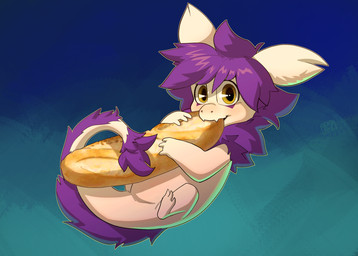 baguette bread curled_tail eye_markings feral food fur holding_food holding_object hug hugging_object looking_at_viewer male markings neck_tuft pointy_ears purple_body purple_fur simple_background solo tail tail_tuft tuft white_body yellow_eyes apis_(artist) mythology pierre_(spongepierre) dragon furred_dragon furred_scalie mythological_creature mythological_scalie scalie hi_res signature