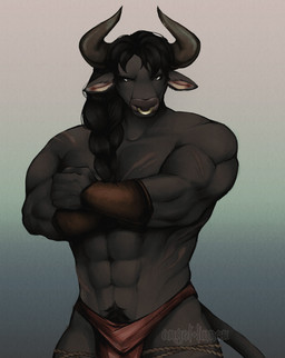 2_horns 5_fingers abs anthro armor arms_bent bangs belly_hair biceps black_hair black_tail body_hair bottomwear braided_hair brown_bottomwear brown_clothing brown_horn brown_loincloth brown_scar chest_scar clothed clothed_anthro clothed_male clothing crossed_arms curved_horn facial_piercing fingers fist forearm_muscles furrowed_eyebrows gauntlets gloves gradient_background grey_background hair handwear horn light loincloth long_hair male male_anthro muscular muscular_anthro muscular_arms muscular_male navel no_eyebrows nose_piercing nose_ring pecs piercing ring_piercing rope scar septum_piercing septum_ring shirtless_anthro shirtless_male shoulder_scar simple_background solo tail text triceps angellumen bovid bovine cattle mammal 2022 artist_name colored digital_drawing_(artwork) digital_media_(artwork) english_description half-length_portrait hi_res lighting portrait shaded