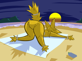 ambiguous_gender anthro ass_up beach bent_over night rope scarecrow sea solo sunset tail water yellow_body aygee rusty_seas animate_inanimate 2026 4:3