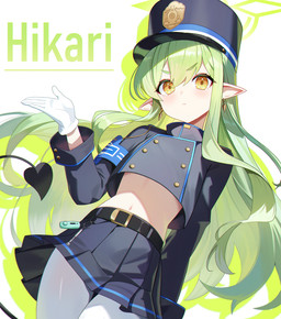 belt bent_arm blue_bottomwear blue_clothing blue_hat blue_headwear blue_shirt blue_skirt blue_topwear blush bottomwear clothing ear_piercing ear_ring female glistening glistening_hair gloves green_hair hair hair_between_eyes handwear hat headgear headwear legwear long_hair midriff navel pantyhose piercing pointy_ears prick_ears ring_piercing shirt skirt spade_tail tail topwear white_clothing white_gloves white_handwear white_legwear white_pantyhose yellow_eyes young young_female young_humanoid melreon blue_archive nexon hikari_(blue_archive) demon demon_humanoid humanoid tailed_humanoid hi_res