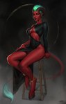 anklet breasts cleavage clothed clothing curled_horn dress female furniture green_hair hair hooves horn jewelry looking_at_viewer membrane_(anatomy) red_body red_eyes sitting solo stool tail dacsy demon humanoid tailed_humanoid absurd_res hi_res