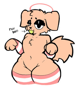 anthro arm_warmers armwear ball big_butt bite bottomless butt cheek_tuft chest_tuft clothed clothing eyeliner facial_tuft femboy floppy_ears fluffy fluffy_tail footwear fur hair halo leg_warmers legwear looking_at_viewer makeup male navel nude pattern_armwear pattern_clothing pattern_legwear paws simple_background smile socks solo stockings striped_armwear striped_clothing striped_legwear stripes tail tennis_ball text thick_thighs thigh_highs topless toy tuft warmers wide_hips yellow_body yellow_fur mushkoe canid canine canis domestic_dog mammal absurd_res digital_media_(artwork) english_text hi_res