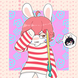 accessory anthro bangs bent_arm black_hair brown_eyes clenched_teeth clothed clothed_anthro clothed_female clothing disembodied_head duo eyelashes featureless_crotch female female_anthro flat_chested fur hair hair_accessory hairclip half-closed_eyes hand_on_own_face holding_melee_weapon holding_object holding_sword holding_weapon light long_ears looking_at_viewer medium_hair melee_weapon narrowed_eyes noseless outline pattern_background pattern_clothing pattern_sweater pattern_topwear pink_hair red_eyes red_stripes sharp_teeth simple_background smile smiling_at_viewer solo_focus stickers_on_face striped_clothing striped_sweater striped_topwear stripes sweater sword tan_inner_ear teeth text topwear weapon white_body white_clothing white_fur white_outline white_sweater white_topwear peypey_mei1925 raving_rabbids rayman_(series) ubisoft evil_pey fan_character pey_(peypey_mei1925) lagomorph mammal rabbid 1:1 2025 artist_name colored digital_drawing_(artwork) digital_media_(artwork) english_description half-length_portrait hi_res lighting portrait shaded