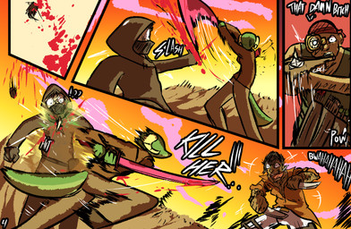 anthro blood bodily_fluids clothed clothing crossbow dialogue female gore group horn male melee_weapon ranged_weapon sword tail text weapon brradett lernie_(brradett) human mammal scalie absurd_res colored comic hi_res
