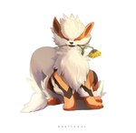 3_toes ambiguous_gender eyes_closed fangs feet feral flower flower_in_mouth fluffy fluffy_tail fur happy mane open_mouth orange_body orange_fur plant red_tongue simple_background sitting smile solo stripes sunflower tail teeth text toes tongue white_background dpik nintendo pokemon arcanine generation_1_pokemon pokemon_(species) 2013 english_text