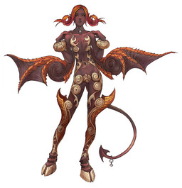 amber_eyes armor bangle black_sclera brown_body brown_skin clothed clothing female flat_chested furgonomic_piercing furgonomics hair hooves jewelry looking_at_viewer membrane_(anatomy) membranous_wings neck_piercing not_furry orange_hair piercing pose simple_background skimpy solo spade_tail spread_wings standing tail tail_piercing tattoo white_background wings wen-m wen_yu_li demon humanoid scalie