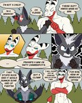 abs angry anthro clothed clothing duo featureless_crotch fur gloves grey_body grey_fur grey_wings hair handwear male standing text topless topless_male white_hair wings 60percentscalie dovak vauruk bat demon mammal comic english_text hi_res