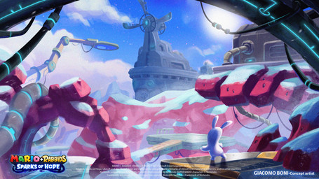 amazing_background ambiguous_anthro ambiguous_gender anthro blue_sky bridge cloud copyright_symbol day detailed_background fur gateway light machine nude_ambiguous nude_anthro outside platform railing sky snow solo standing sun symbol text title toony white_body white_fur windmill year giacomo_boni mario_plus_rabbids_sparks_of_hope raving_rabbids rayman_(series) ubisoft lagomorph mammal rabbid 2023 adobe_photoshop_(artwork) artist_name colored detailed digital_drawing_(artwork) digital_media_(artwork) english_description english_text hi_res lighting official_art procreate_(artwork) shaded
