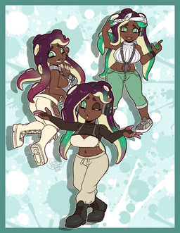 boots breasts cleavage clothed clothing electronics female footwear headphones kerchief looking_at_viewer looking_back looking_back_at_viewer midriff navel one_eye_closed shoes solo wink caramel-kitteh nintendo splatoon marina_(splatoon) aquatic cephalopod humanoid mollusk octarian octoling 2026
