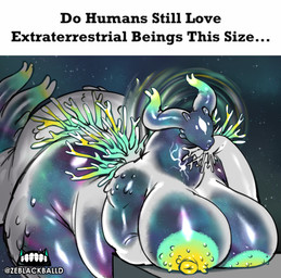 anthro areola belly big_belly big_breasts big_butt black_text breasts butt dialogue female glistening glistening_body glistening_breasts huge_breasts huge_butt leaning leaning_forward lips logo montgomery_glands multicolored_body nipples solo space tail text thick_lips thick_thighs ze_blackball.d do_men_still_love_women_this_size the_guardian_(ze_black) alien 2024 absurd_res artist_logo artist_name digital_media_(artwork) hi_res meme