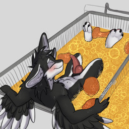 3_fingers 3_toes 4_ears animal_genitalia animal_penis anthro bathing biped black_body black_claws black_feathers black_finger_claws black_fur black_genital_slit black_hair black_toe_claws blush bodily_fluids bubbling casual_erection casual_exposure casual_nudity character_prepared_as_food chicken_meat chicken_nugget claws closed_smile cooking_oil countershading deep_fryer erection eyes_closed feathered_wings feathers feet finger_claws fingers food fryer fur genital_slit genitals glistening glistening_genitalia hair happy heat_(temperature) knot knotted_penis knotted_tapering_penis leaning leaning_backward looking_pleasured lying machine male meat mismatched_animal_penis mismatched_genitalia mismatched_penis mouth_closed multi_ear multicolored_body nude oil oiled oiled_body overheated partially_submerged pawpads penis pink_pawpads pink_penis puffy_genital_slit resting simple_background smile solo spread_arms sweat tapering_penis text toes tuft white_background white_body white_feathers white_fur winged_arms wings alanhamster fyr_(fenrir784) avali avian bird 1:1 2025 colored colored_sketch dated digital_media_(artwork) hi_res meme signature sketch maleherm_(lore)