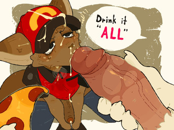 anthro anus balls big_penis blowjob_face bodily_fluids bottomless bottomless_male bottomwear bottomwear_down box brown_body brown_fur clothed clothing command_to_swallow container cum cum_from_nose cum_in_mouth cum_in_nose cum_inside cum_on_face darkened_genitalia darkened_penis delivery_(commerce) delivery_employee dialogue disembodied_hand disembodied_penis duo erection fingerless_gloves food_delivery foreskin freckles fur genital_fluids genitals glans gloves handwear hat headgear headwear humanoid_genitalia humanoid_penis low-angle_view male male/male male_penetrated male_penetrating male_penetrating_male pants partially_clothed penetration penis perineum sex speech_bubble sweat text vein veiny_penis mawarisaka3 delivery_boy_(mawarisaka3) kangaroo macropod mammal marsupial english_text